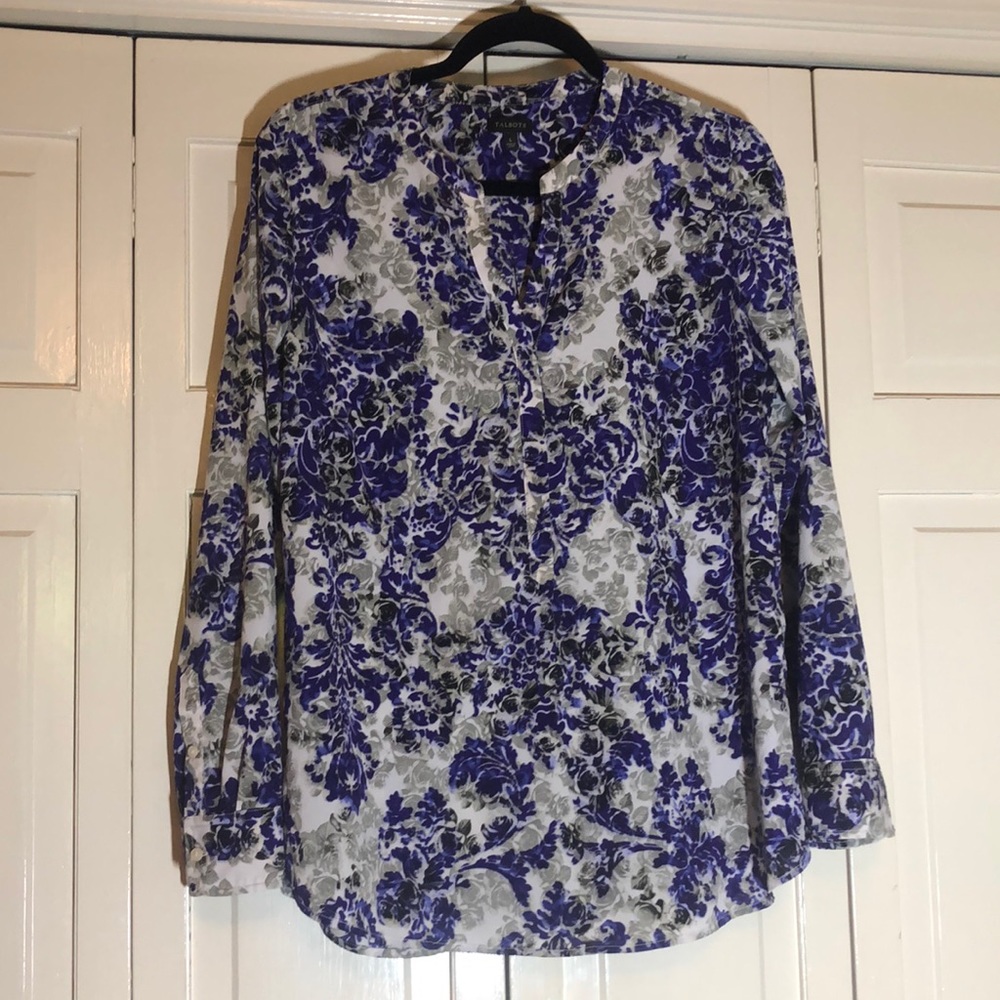Paisley Purple Gray floral long sleeve blouse SZ L R1